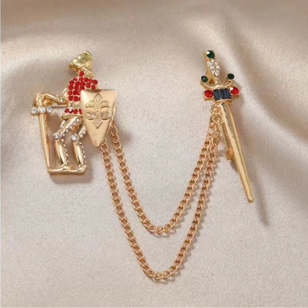 Gold Knight and Sword Chain Brooch